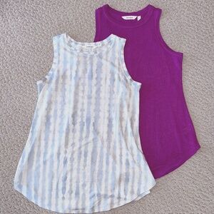 Two Athleta Breezy Tanks - blue & white, pink magenta. Size Small.